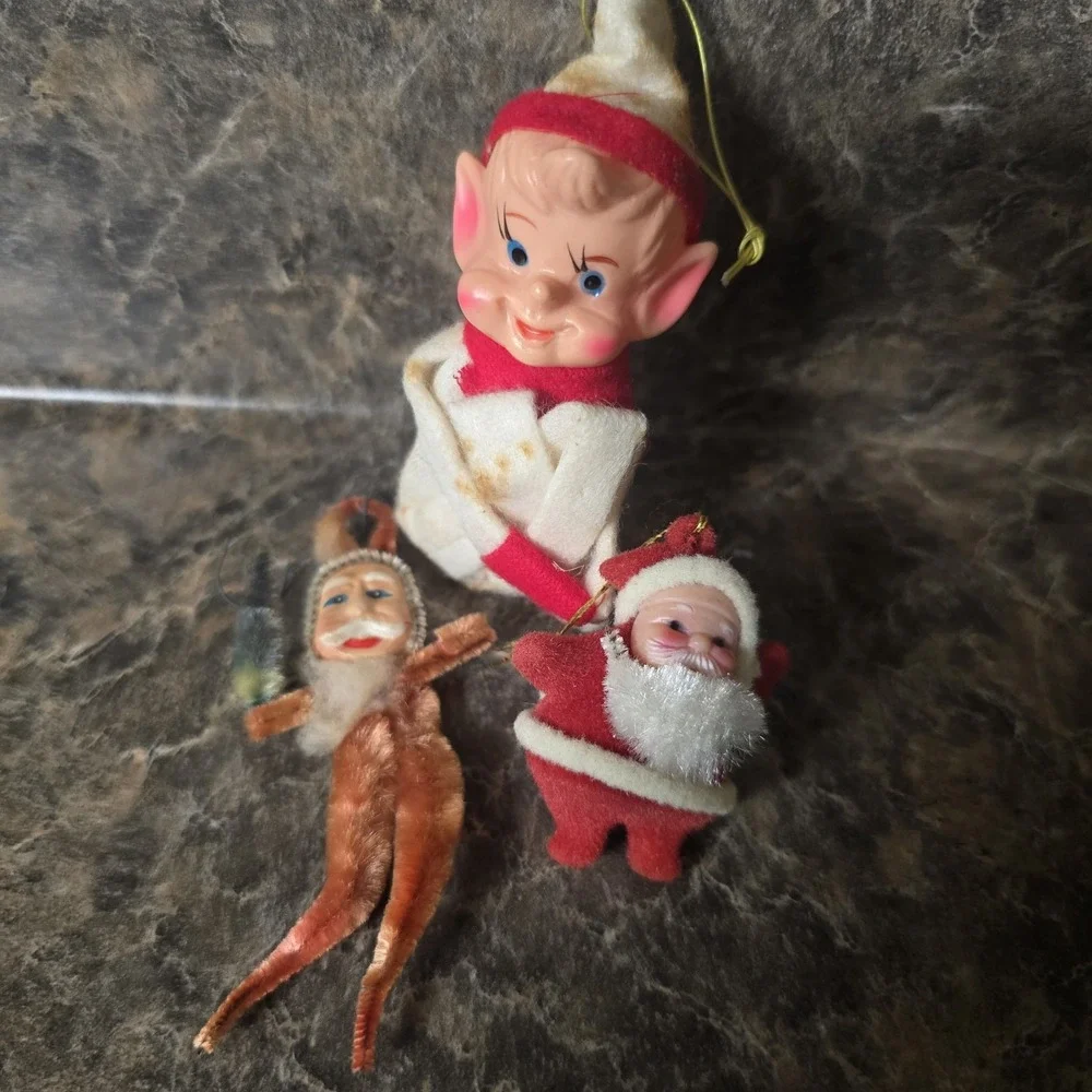 Vintage Japan Christmas Ornaments Lot of 3 Elf Santa Chenille Felt MCM